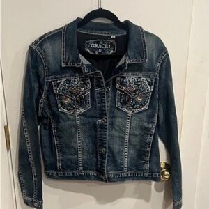 Grace Women's Denim Jacket with Embroidery - Dark Blue